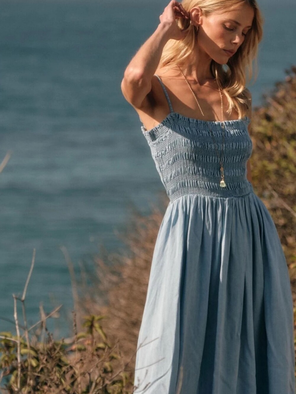 Smocked Chambray Maxi Dress Maternity Flowy Pockets SZ L